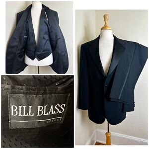 VTG Bill Blass Black Tuxedo Mens 40R Single Button Wool 3 PC Formal Suit 36 W